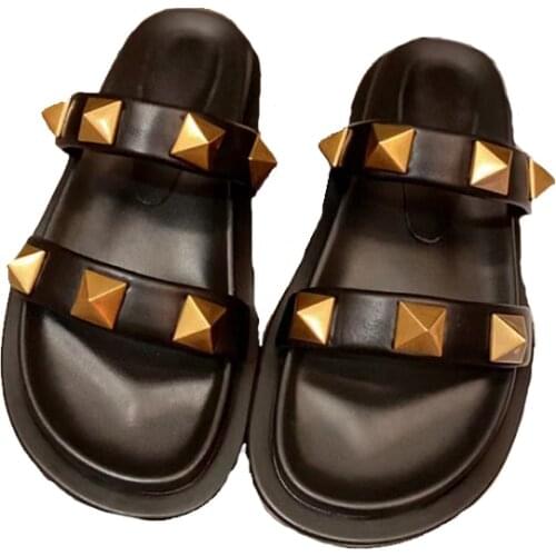 Rivets Slides Female Genuine Cowhide Luxury Comfortable and Fashion Flat Heels Platform Outdoor Wearing in Summer Ladies Shoes