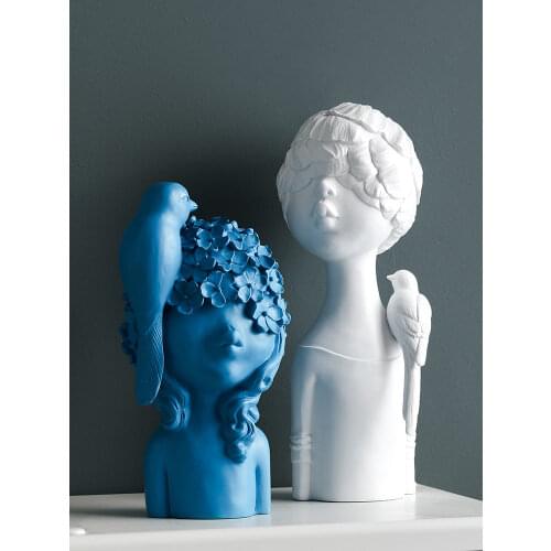 Nordic Style Resin Cute Blue White Bird Girls Decorative Figurines Office Livingroom Desktop Statue Home Furnishing Decor Crafts