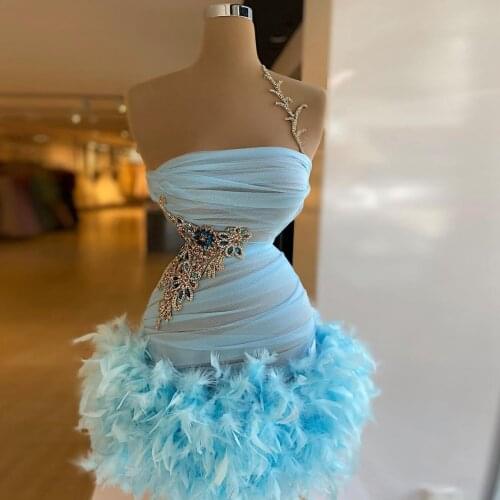 Light Blue Sexy Short Prom Dresses Illusion Feathers Crystals Sleeveless Women Cocktail Dress Party Gowns Plus Size Custom Made