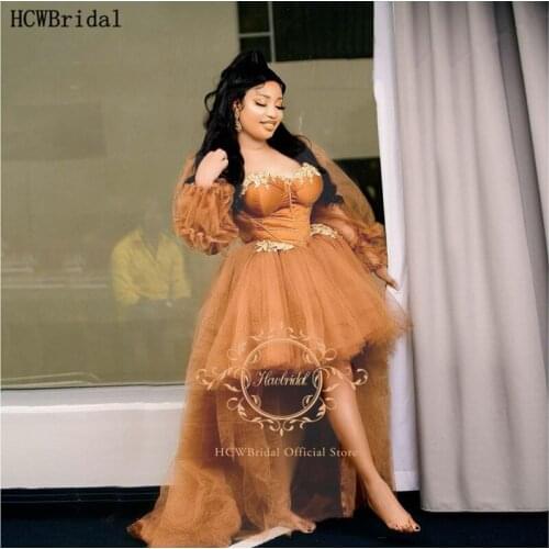 High Low 2021 Evening Dress Long Sleeves Sweetheart Appliques Tulle Black Women Formal Occasion Evening Gowns Plus Size