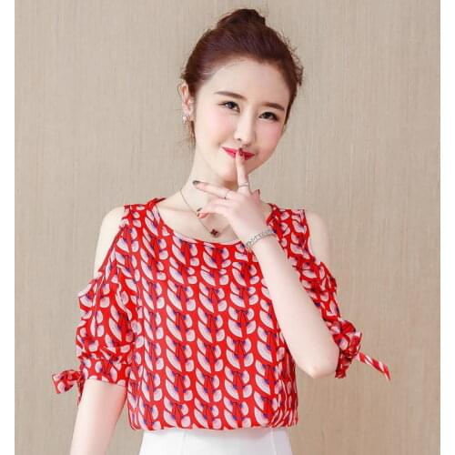 Womens Spring Summer Style Chiffon Blouses Shirt Womens Printed O-neck Off Shoulder Bow Half Sleeve Elegant Tops SP8704