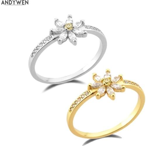 ANDYWEN 925 Sterling Silver Gold Chrysanthemum Flower Rings Clear Women Luxury Crystal Fashion Fine Party Wedding Round Jewelry