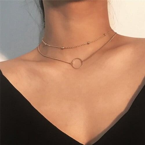 Fashion Double Layer Circle Geometric Necklace Pendant Women Personality Simple Beads Chain Necklace Jewelry Gift