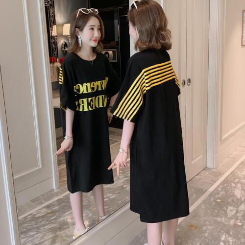 Women Straight Dress Striped Baseball Letters Print Spring Autumn Cotton Graohic Tee Dress Japan Style T Shirt Dress SP597