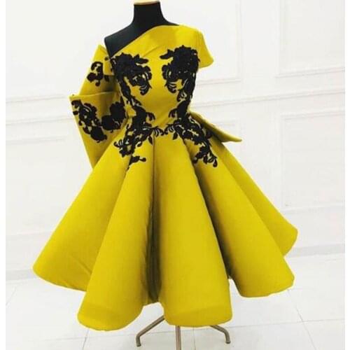2021 abiye gece elbisesi Golden Yellow Evening Dresses Ankle Length Vestido Longo Arabic Evening Dress Applique robe de soiree