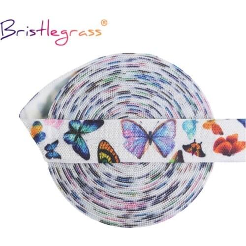 BRISTLEGRASS 2 5 10 Yard 5/8" 15mm Butterfly Print Fold Over Elastics FOE Spandex Satin Band Tape Hair Tie Dress DIY Sewing Trim