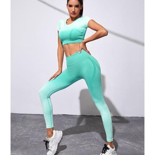Ombre Yoga Sets Gym Fitness Athletic Pants Sportswear Leggings Short Sleeve Shirt Seamless Sports Active Women Sports Suits Set