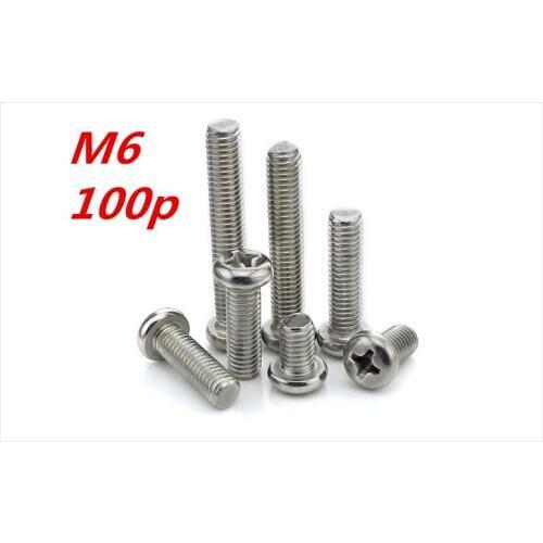 100pcs M6*8/10/12/14-80mm 304 Stainless Steel Cross Screws Round Head Plain End Phillips Plain Self-tapping Screw Bolt Fasteners