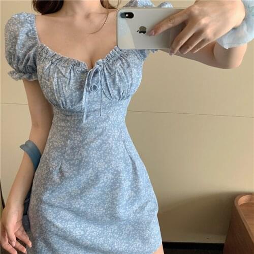 Summer Women Floral Print Dress Vintage Blue Sexy Strapless Bustier Short Sleeve A-line Slim Dresses Ladies Mini Plus Size Dress