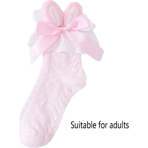 Lolita Kawaii Cotton Crew Socks Plush Rabbit Bunny Ears Bow Lace Anime Hosiery 6XDA