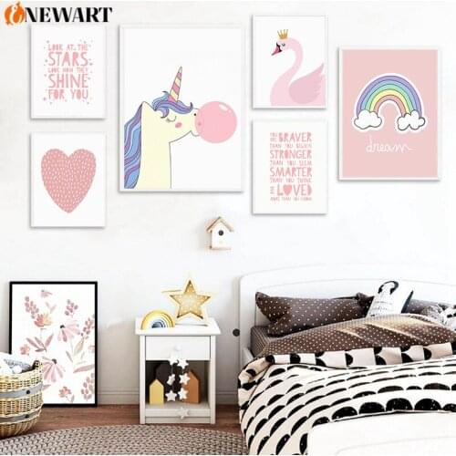 Pink Baby Girl Nursery Wall Art Poster Print Swan Rainbow Letter Heart Canvas Painting For Kid Bedroom Decoration Picture Nordic