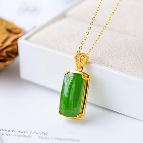 Natural Hetian Jade Green Jade Square Plate Lucky Pendant Pendant Spinach Green S925 Sterling Silver Inlaid Ancient Gold Craft O