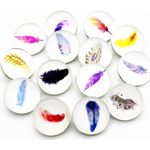 New Arrived 10pcs/lot Colorful Feather Glass Snap Button Chams Fit 18mm Snap Bracelet Necklace DIY Jewelry
