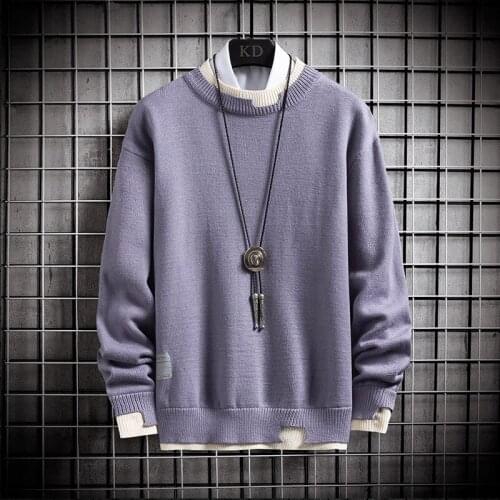 New winter mens casual sweater cashmere sweater men fake two-piece solid color round neck fashion Harajuku style mens sweater