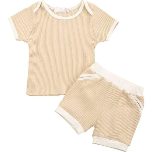 Toddler Baby Boy Girl Ribbed Outfits Summer Casual Tracksuits Infant Short Sleeve Round Neck T-shirts+Shorts Baby Clothes 0-24M