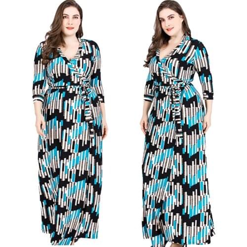 Women Boho Long Dress Printed Wrap Maxi Robe V-neck Half Sleeve With Belt Casual Plus Size Vintage Gown Sundress Loose Fashion