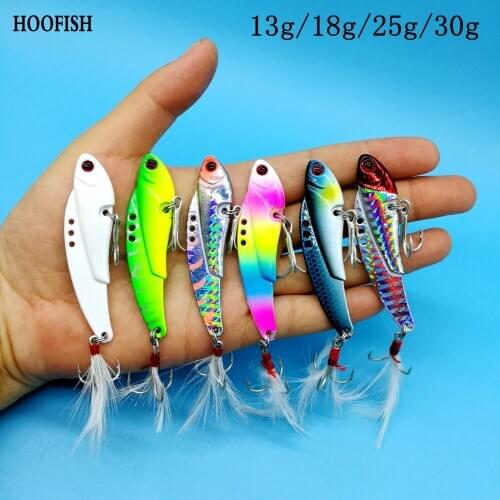 HOOFISH 5PCS/Lot Metal Jig Fishing Lure 13g/18g/25g/30g Vibration Spoon HardBait With Feather Hooks Wobbler Swimbait VIB Tackle