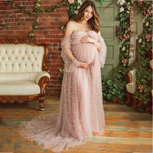 Romantic Pink Maternity Dresses For Babyshower Sweetheart Pearl Tulle Maternity Gown Photography Pregnancy Women Long Dress