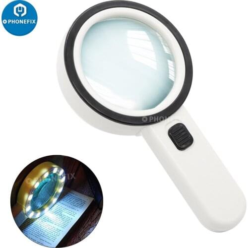 30X Handheld Magnifier with 12 LED Lights For Seniors Reading PCB Soldering Inspection Jewelry Repair Portable Magnifying Loupe