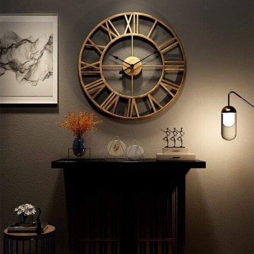 40cm/50cm Modern 3D Large Retro Black Iron Round Art Hollow Metal Wall Clock Nordic Roman Numerals Clock Home Decoration