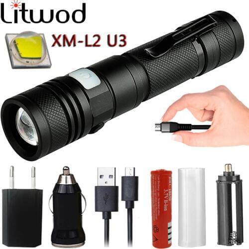 Litwod Z201301 Cree XM-L2 U3 Micro USB Rechargeable LED Flashlight T6 Zoomable 5 Modes Aluminum Lanterna flashlight Torch