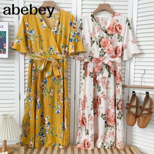 Vintage V-neck flared sleeve Dress Ruffles high waist bandage waist print mid-long A-line Pleated Dress 2021 New Summer