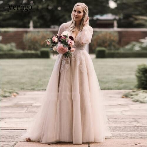 Verngo Vintage Dusty Color Wedding Dress 2020 Long Sleeves Lace Applique Tulle Bridal Gowns Beach Boho Wedding Gown Plus Size