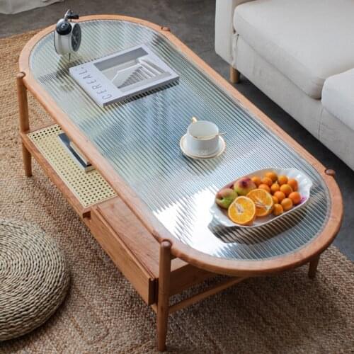 FOSUHOUSE Japanese Cherry Wood Glass Coffee Tables Living Room Furniture Nordic Rattan Leisure Sofa Side Table Simple Tea Table
