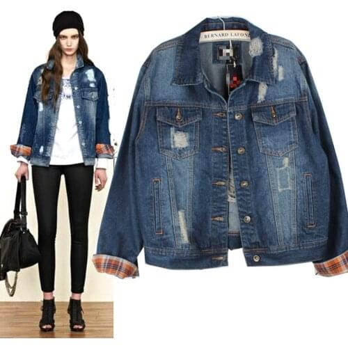 Spring women fashion loose water wash boyfriend design ripped denim outerwear lady jean casual jacket