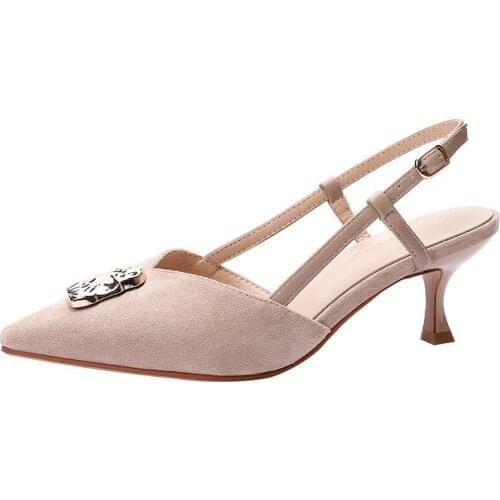 Metal decoration Brand Women Sandals Summer Shoes Buckle Strap Pointed Toe Flock 5CM Thin High Heels women shoes size 35-42