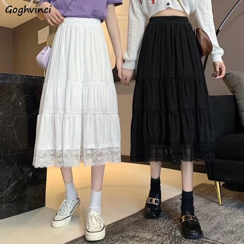 Skirts Women Elegant Fashion High Waist Pleated Lace Solid Korean Style Retro Simple All-match Casual Ulzzang Trendy Streetwear