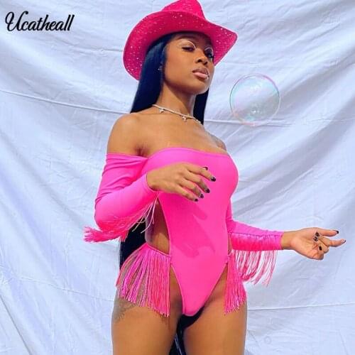 Neon Sexy One Piece Bodysuit Women Fluorescent Off Shoulder Tassel Long Sleeve Hollow Out Backless Bodysuits Streetwear