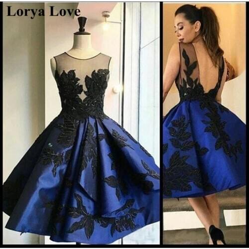 Navy Blue Short Prom Dresses 2020 Women Party Night Vestidos Gala Lace Appliques Sleeveless Evening Gown A-Line Robe De Soiree