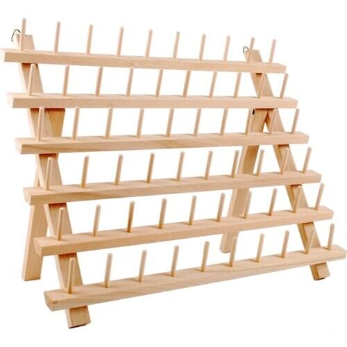 60-Spool Wooden Thread Holder Sewing and Embroidery Thread Rack and Organizer Thread Rack for Sewing with Hanging Hooks