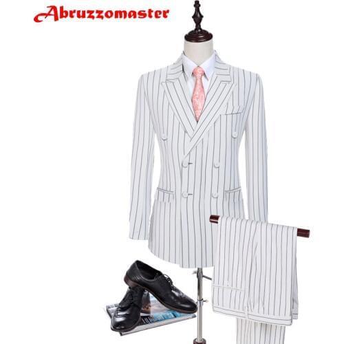 Rope Stripe Groom White Tuxedos Groomsman Suit Custom Made Man Suit striped fabrics Man Blazers 2 psc Pesked Lapel Wedding Suit