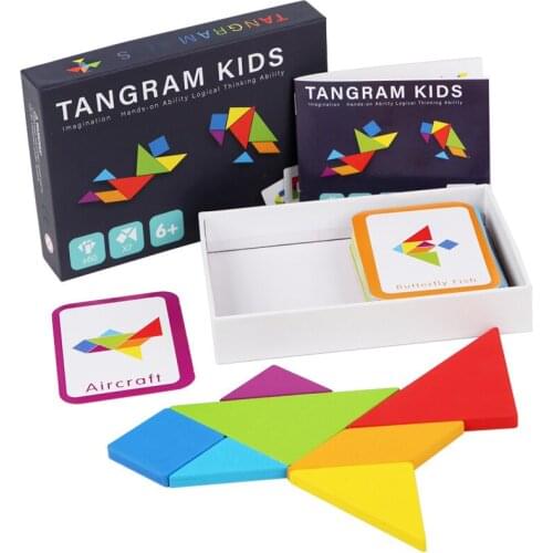 Large Tangram Wooden Jigsaw Educational Toy Boxed 7-Color Geometric Shape Puzzle Funny Card Matching Game For Preschool Children