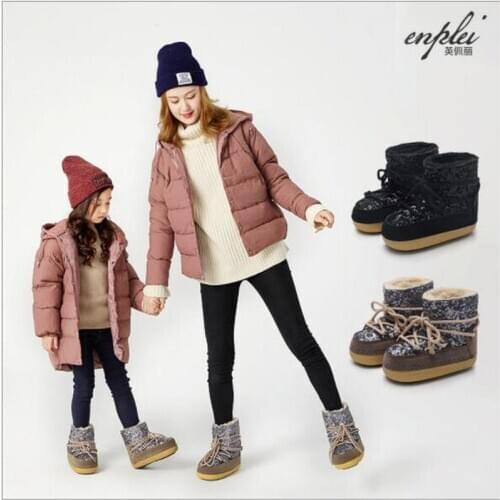 Mother Kids Winter Snow Boots Parent-Child Thick Faux Fur fluffy Lace-Up Sponge Warm Waterproof Rubber Non-Slip Platform Booties