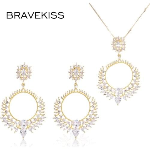BRAVEKISS Flower Cluster Jewelry Set for Women Cute CZ Stud Earring and Chain Pendant Necklaces Wedding Accessories Gifts US0141