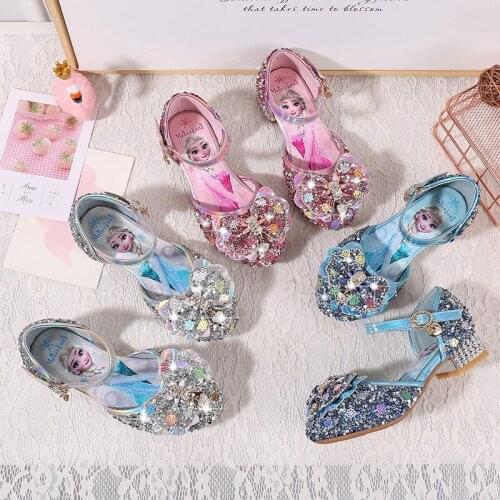 Disney Princess Kids Leather Shoes for Girls Elsa Casual Glitter Children High Heel Girls Shoes Butterfly Knot Blue Pink Silver