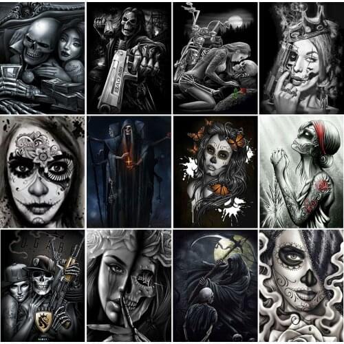 DOHAWIZS New Diamond Painting DIY Halloween Diamand Embroidery Skull Horror Woman and Flower Picture of Rhinestones Home Decor