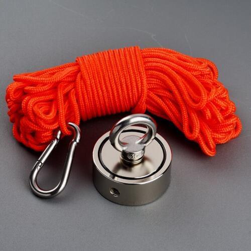 Double sided 200KG Magnet Power Magnetic Material Base Strong Neodymium Magnet Hole Fishing Magnets with 20m Rope and Gloves