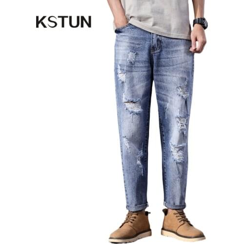 Distressed Jeans Men Light Blue Summer Loose Fit Harem Pants Begger Jeans Hiphop Biker Motocycle Jeans Male Trousers Cowboys