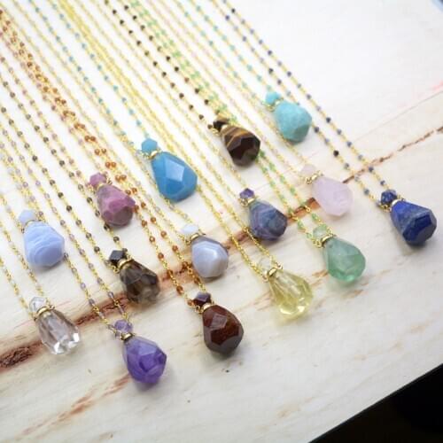 Natural gems Perfume Bottle Multi Kind Stone diffuser White crystal Quartz Amazonite Amethysts Bead Chains vial for Necklace