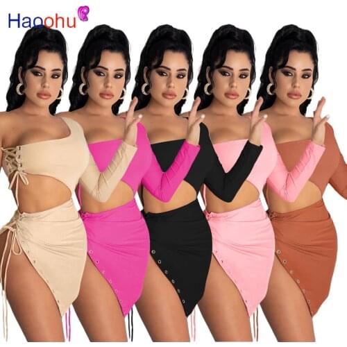 HAOOHU Women Skirts Set Solid One-shoulder Skew Collar Full Sleeve Crop Tops Asymmetrical Bandage Mini Skirt 2 Piece Set Summer