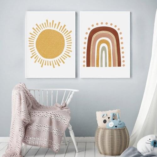Trendy Boho Rainbow Sun Nursery Baby Decor Canvas Painting Pictures for Kids Baby Room Home Decoration Wall Art Posters Prints