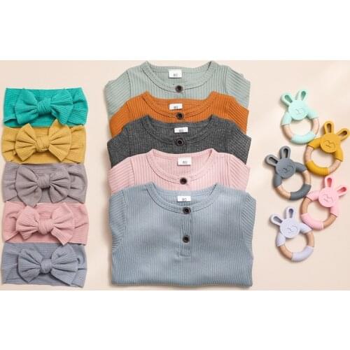 3 PCS Newborn Onesies Baby Body Suit Long Sleeve Collared Organic Cotton Baptism Solid Headband Basic Baby Teether Accessories