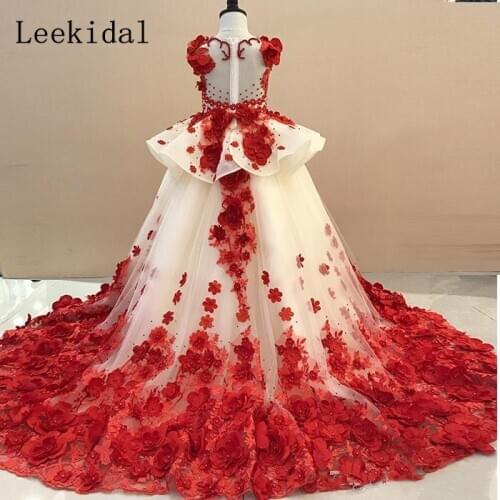 Red Flower Girl Dresses Floral Applique Hand-Made 3D Flowers Ball Gown For Girls Birthday Pretty Communion Dress Kids