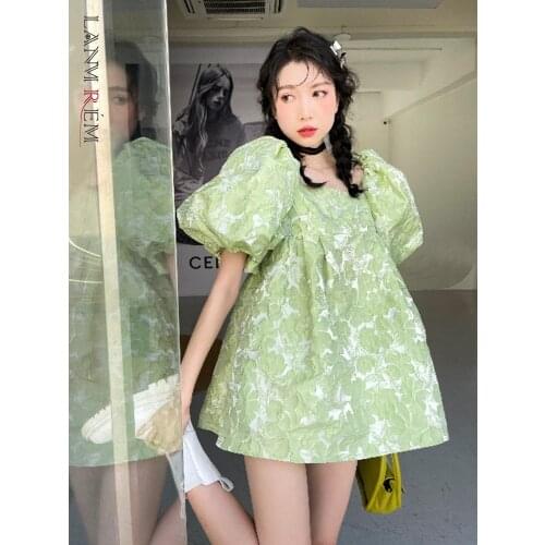 LANMREM Short Puff Sleeve Mini Dress Square Collar Large Size Green Color Printing Dresses Female 2021 Summer New 2D7007