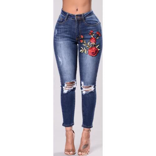 Hotting Sell Fashion Casual Embroidery Hole Pencil Jeans Woman Low Waist Pencil Denim Jean Pants Female Regular Zipper Jeans