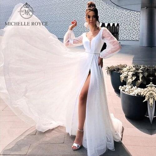 Michelle Royce A-Ling Wedding Dresses 2020 V-Neck Long Sleeve Illusion Beading Court Train Wedding Gowns Vestido De Noiva